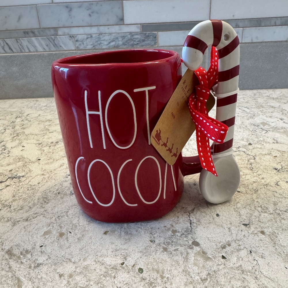 NWT Rae‎ Dunn Red Ceramic mug "Hot Cocoa with candy cane spoon" attached - Picture 2 of 8